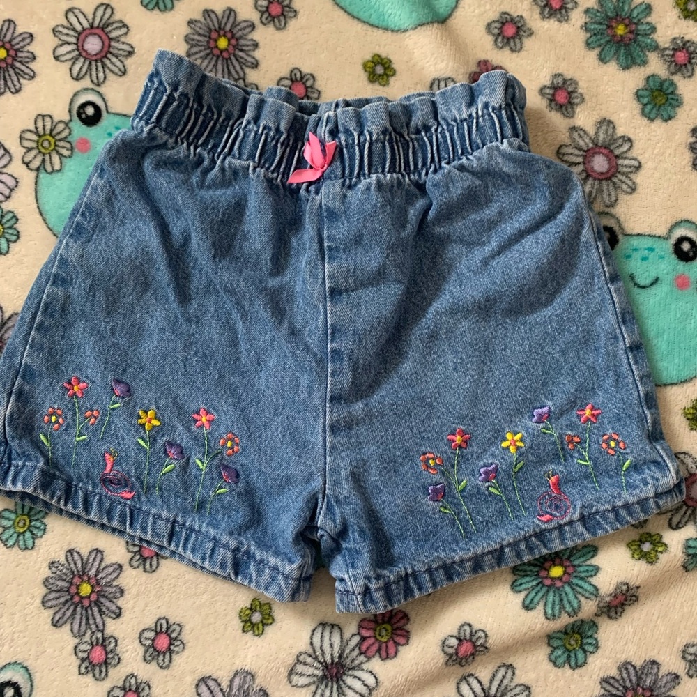 Vintage Embroidered Denim Shorts with Floral Snail Design
